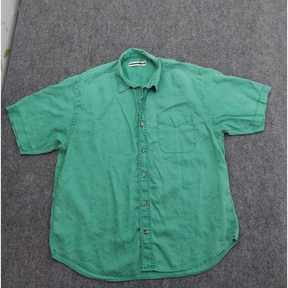 Fenn Wright Manson Shirt Mens Large‎ Green Linen Vintage Short Sleeve Button Up